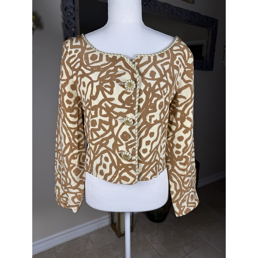 Magali Collection 100% Silk Cropped Jacket Blouse Tan Abstract Print Size 8